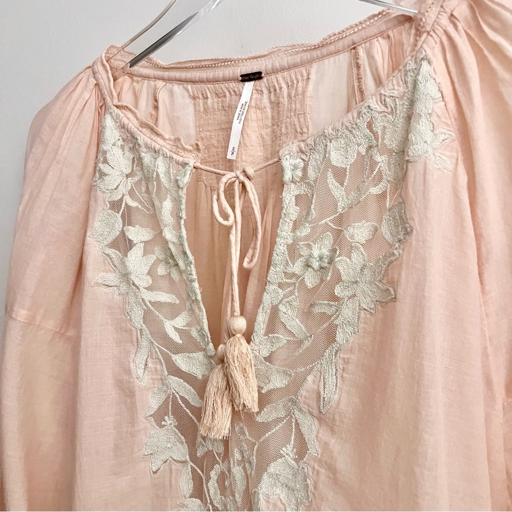 Free People Pale Peach Embroidered Lightweight Cotton Peasant Blouse - Picture 3 of 16